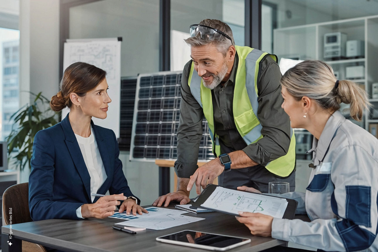Zwei Frauen und ein Mann beraten an einem Tisch