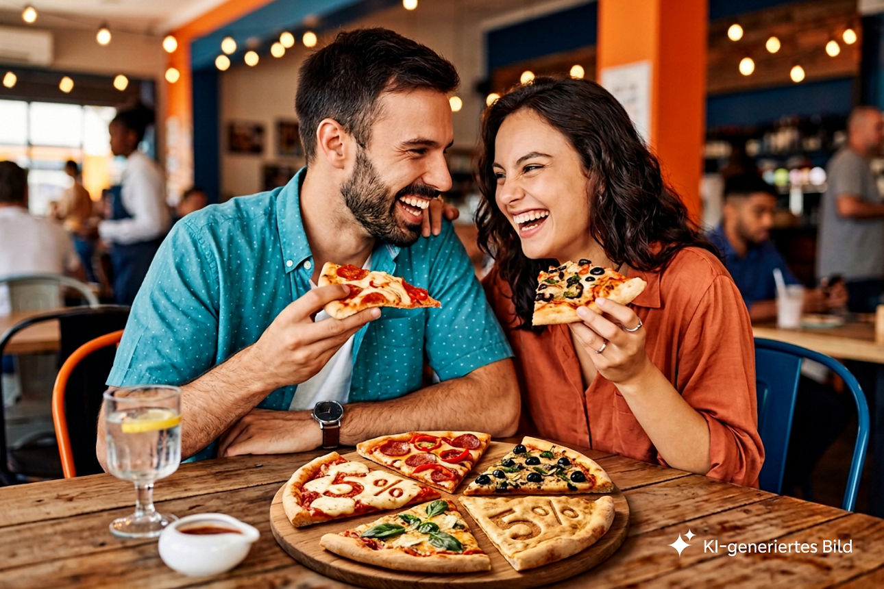 Mann und Frau sitzen am Tisch und essen Pizza