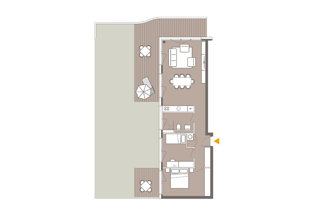 Grundriss einer 3-Zimmer-Wohnung mit Garten