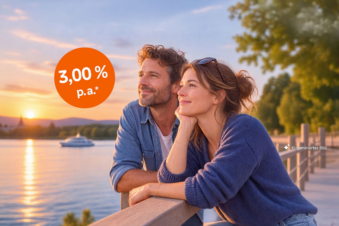 Mann und Frau stehen auf einem Steg und schauen ins Wasser, Text "3,00 % p. a.*" in einem orangenen Störer, KI-generiertes Bild