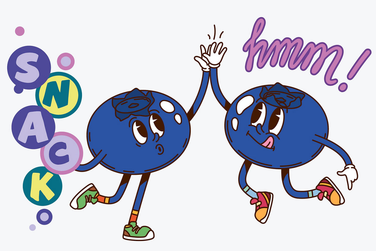 Visualisierung von zwei glücklichen Blaubeeren mit dem Schriftzug "hmm!" und "Snack"