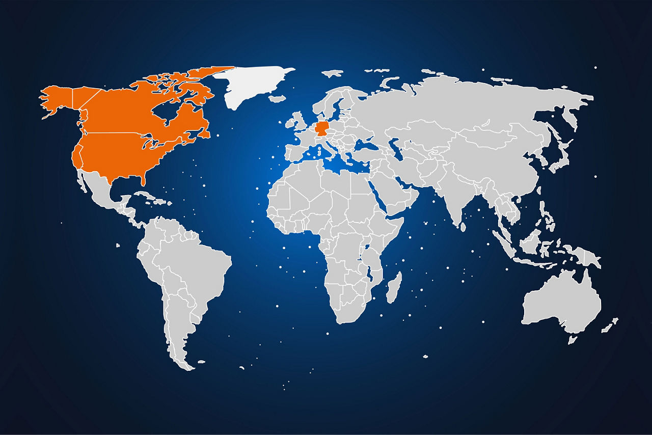 USA, Kanada, Deutschland auf Weltkarte hervorgehoben