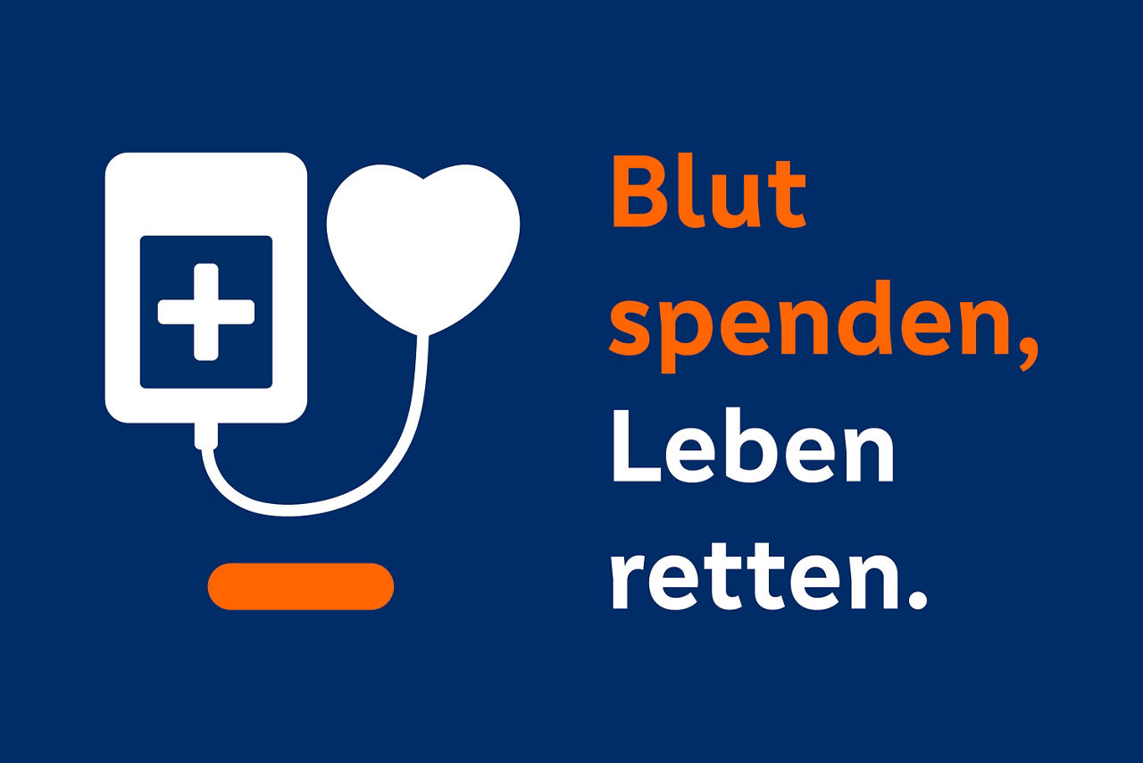 Icon Herz mit Spendebeutel und der Überschrift: Blut spenden, Leben retten.