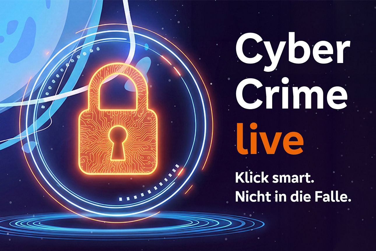 orangefarbenem Vorhängeschloss auf blau/schwarzem Hintergrund. Daneben steht: CyberCrime live-Klicksmart.Nicht in die Falle.