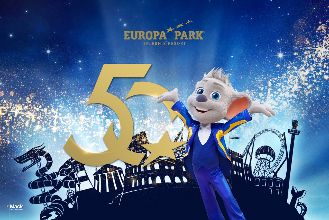 Europa-Park Maskottchen mit goldener 50