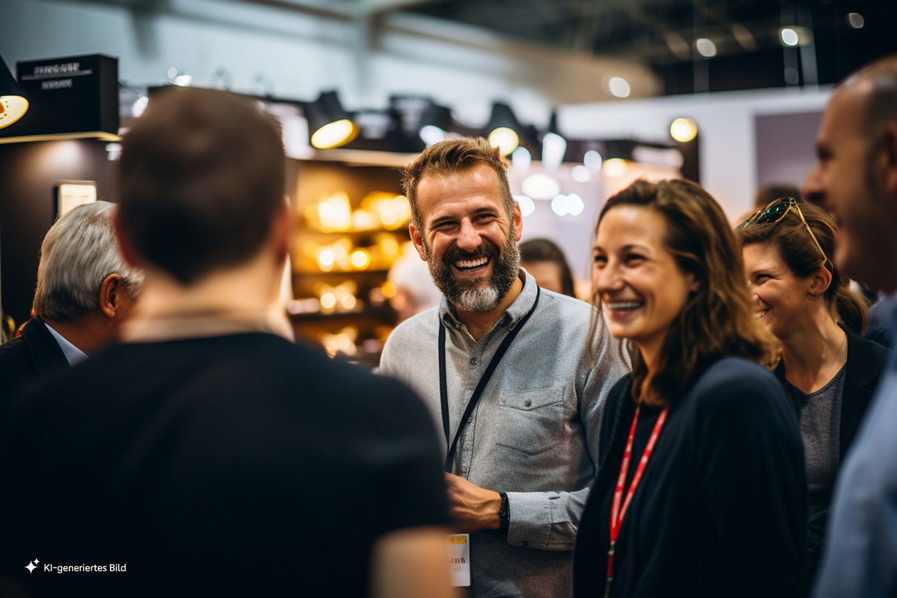 Personen unterhalten sich auf einer Messe, KI-Generiert