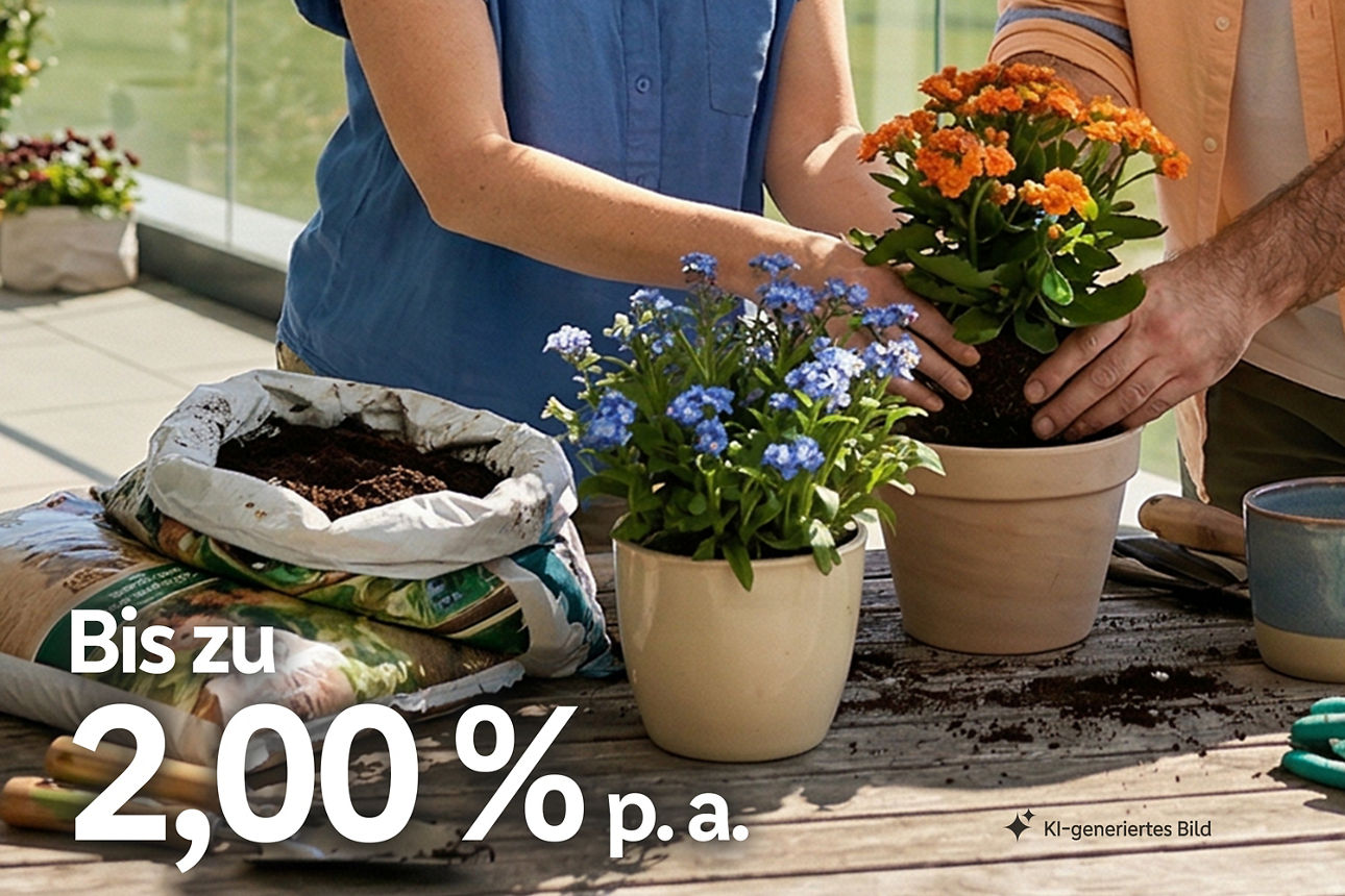 Mann und Frau pflanzen Blumen ein mit der Aufschrift "Zinsen bis zu 2,00 % p. a. ", KI-generiert