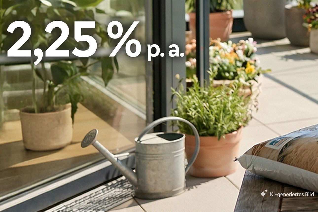 Balkon mit Pflanzen und einer Gießkanne und der Aufschrift "2,25 % p. a. ".Mann und Frau pflanzen Blumen ein mit der Aufschrift "3,00 % p. a. ", KI-generiert