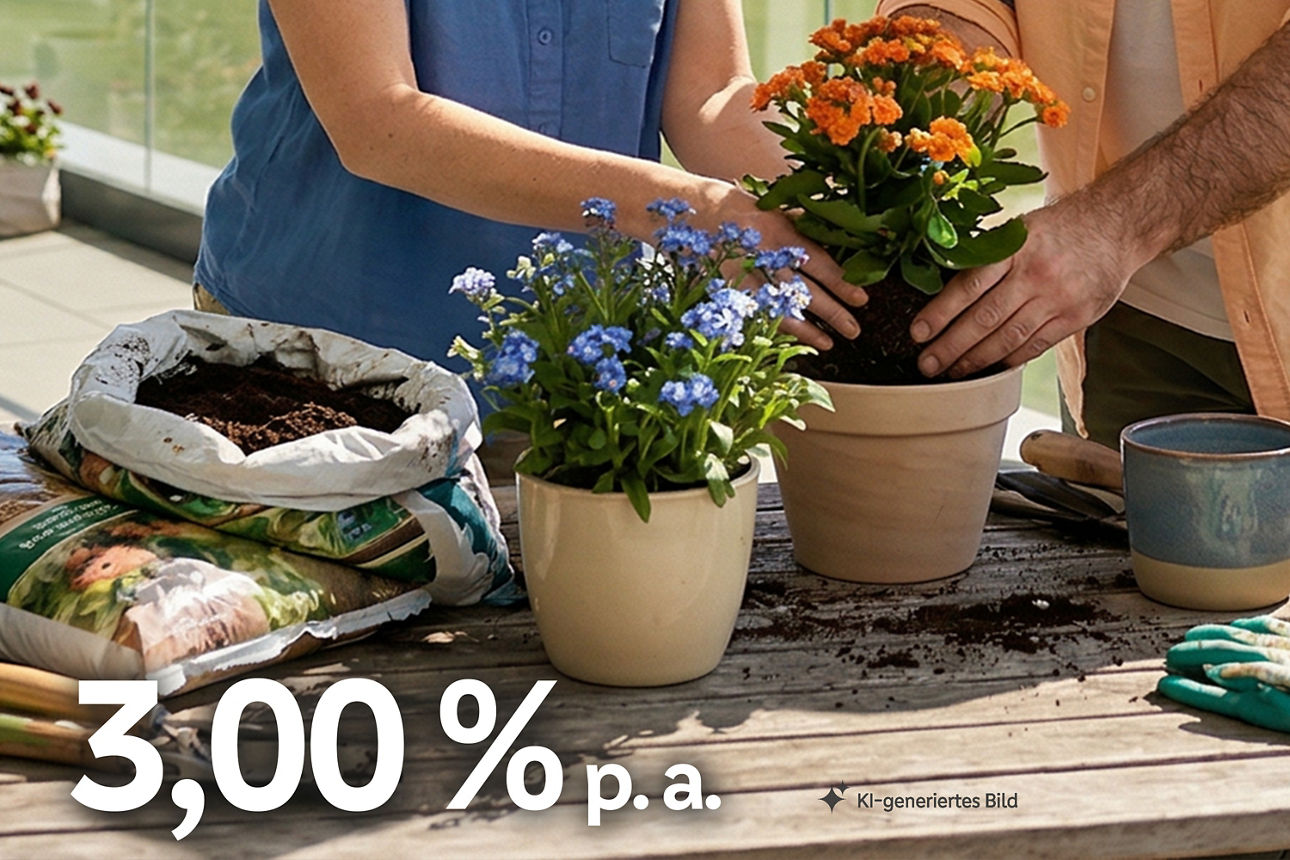 Mann und Frau pflanzen Blumen ein mit der Aufschrift "3,00 % p. a. ", KI-generiert