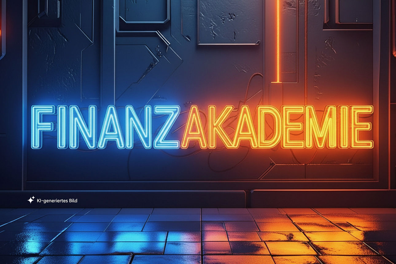 "Finanzakademie" in blauer und orangener Leuchtschrift, KI-generiert