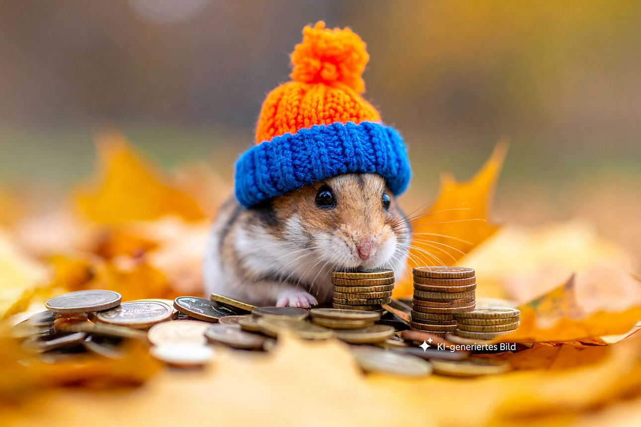 Ein Hamster mit einer orange-blauen Pudelmütze vor Geldmünzen sitzt vor Geldmünzen im Laub, KI-generiertes Bild
