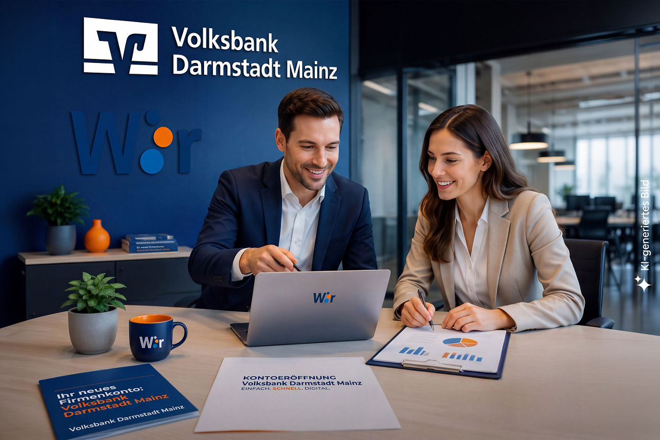 Zwei Personen sitzen in einem Büro der Volksbank Darmstadt Mainz , KI generiertes Bild