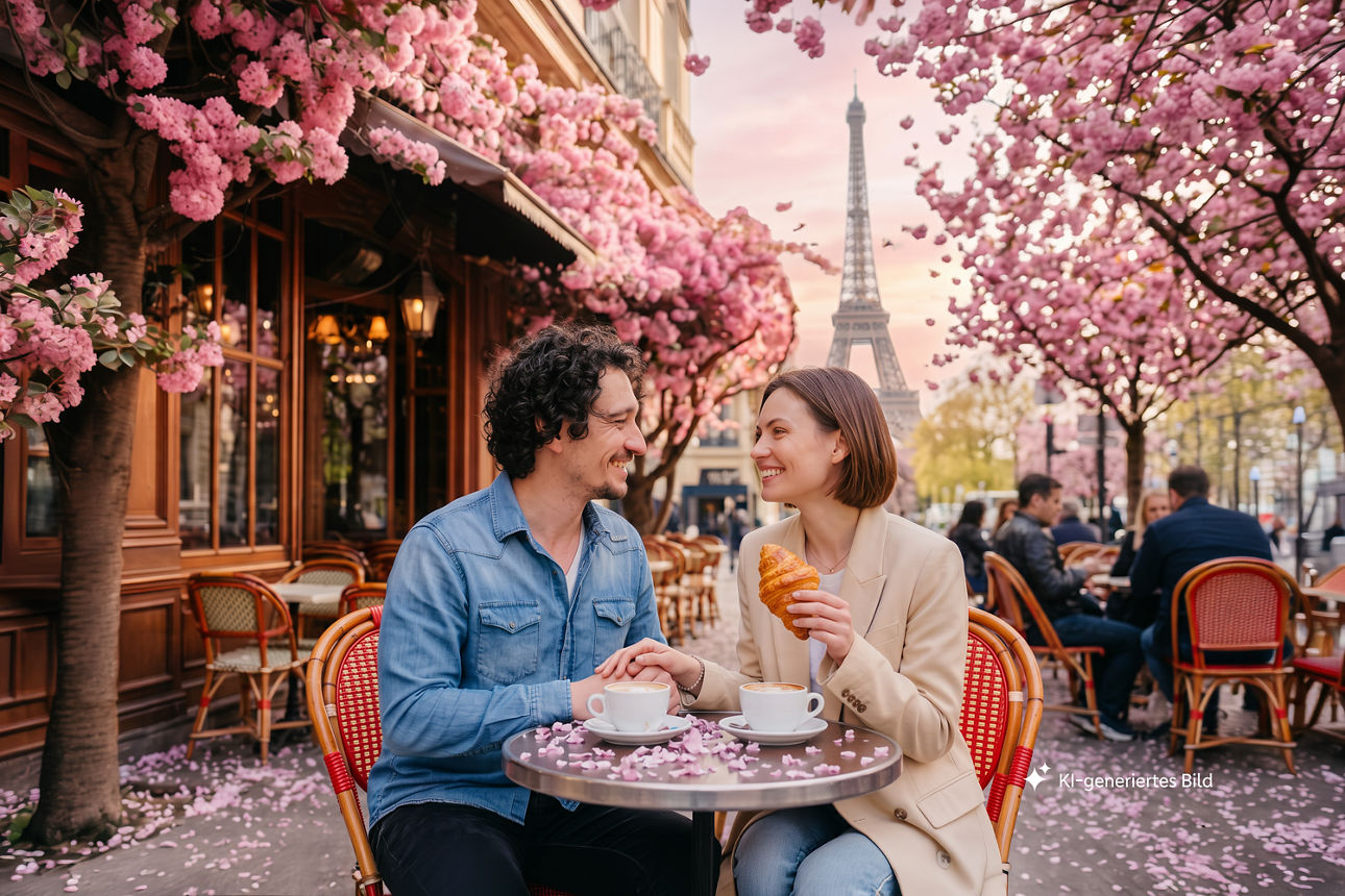 Paar sitzt in einem Café in Paris beim Frühstück, der Eifelturm im Hintergrund, KI-generiertes Bild