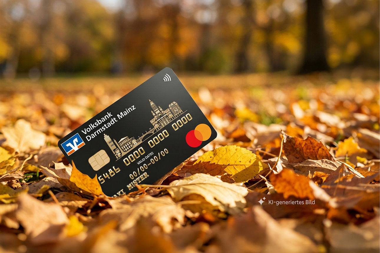 GoldCard der Volksbank Darmstadt Mainz eG steckt im Laub, KI-generiertes Bild
