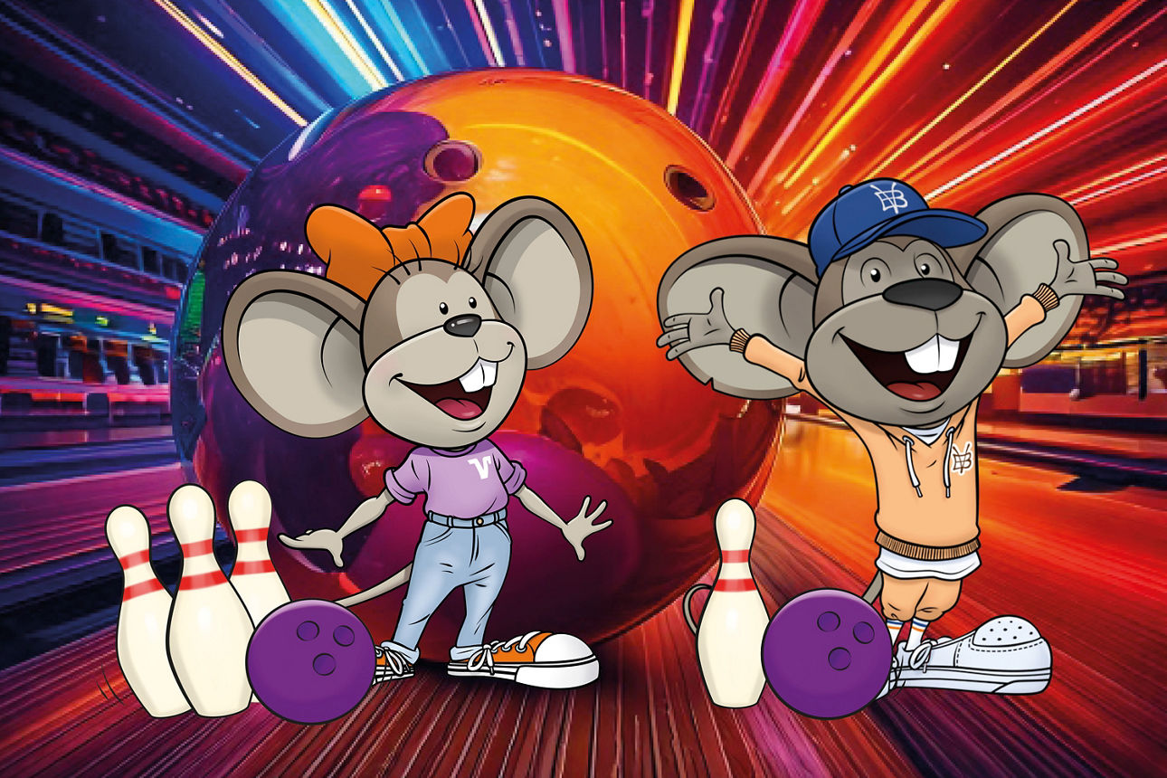 Hanni und Manni mit Bowlingkegeln und Kugeln