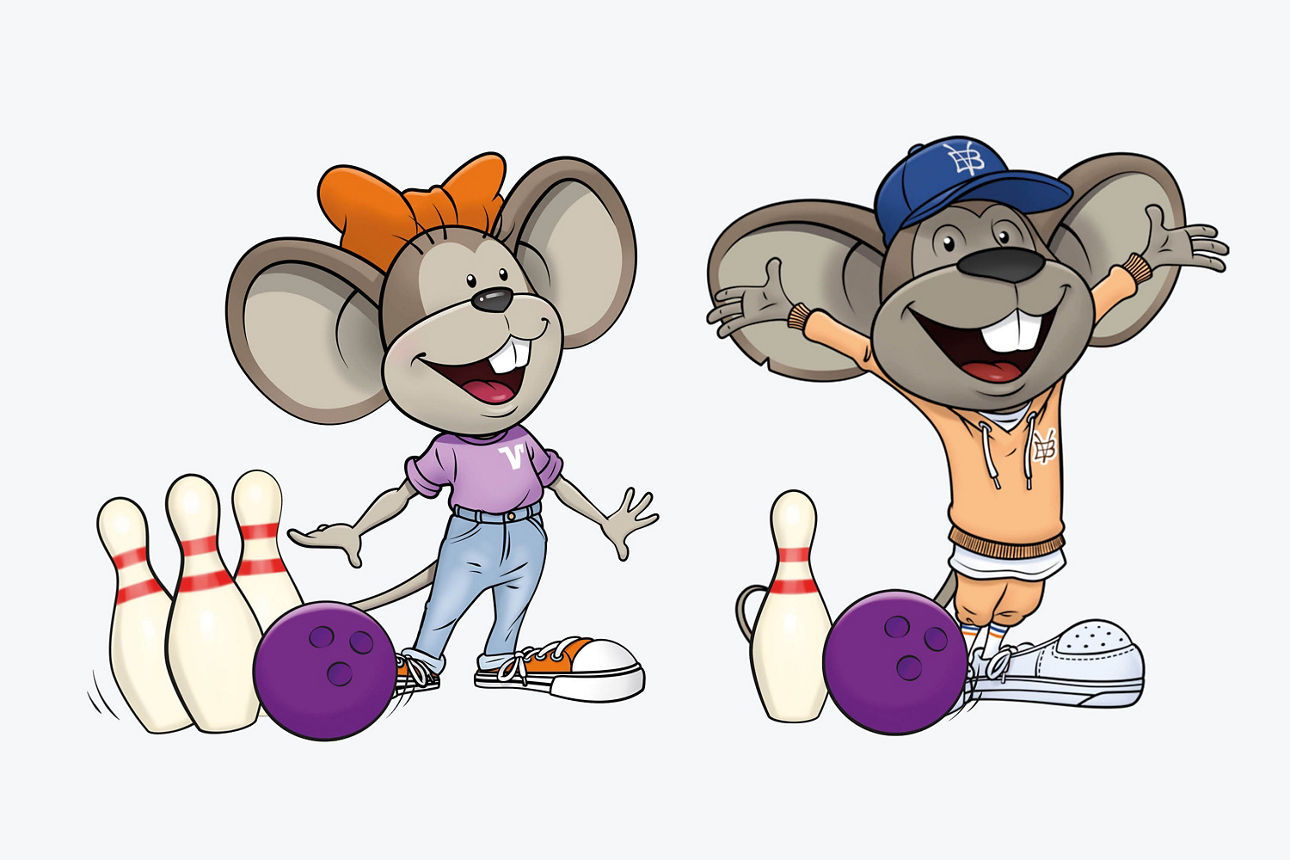 Hanni und Manni mit Bowlingkegeln und Kugeln