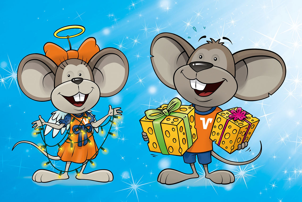 Weihnachtsengel Hanni mit Lichterkette und Manni mit Geschenken