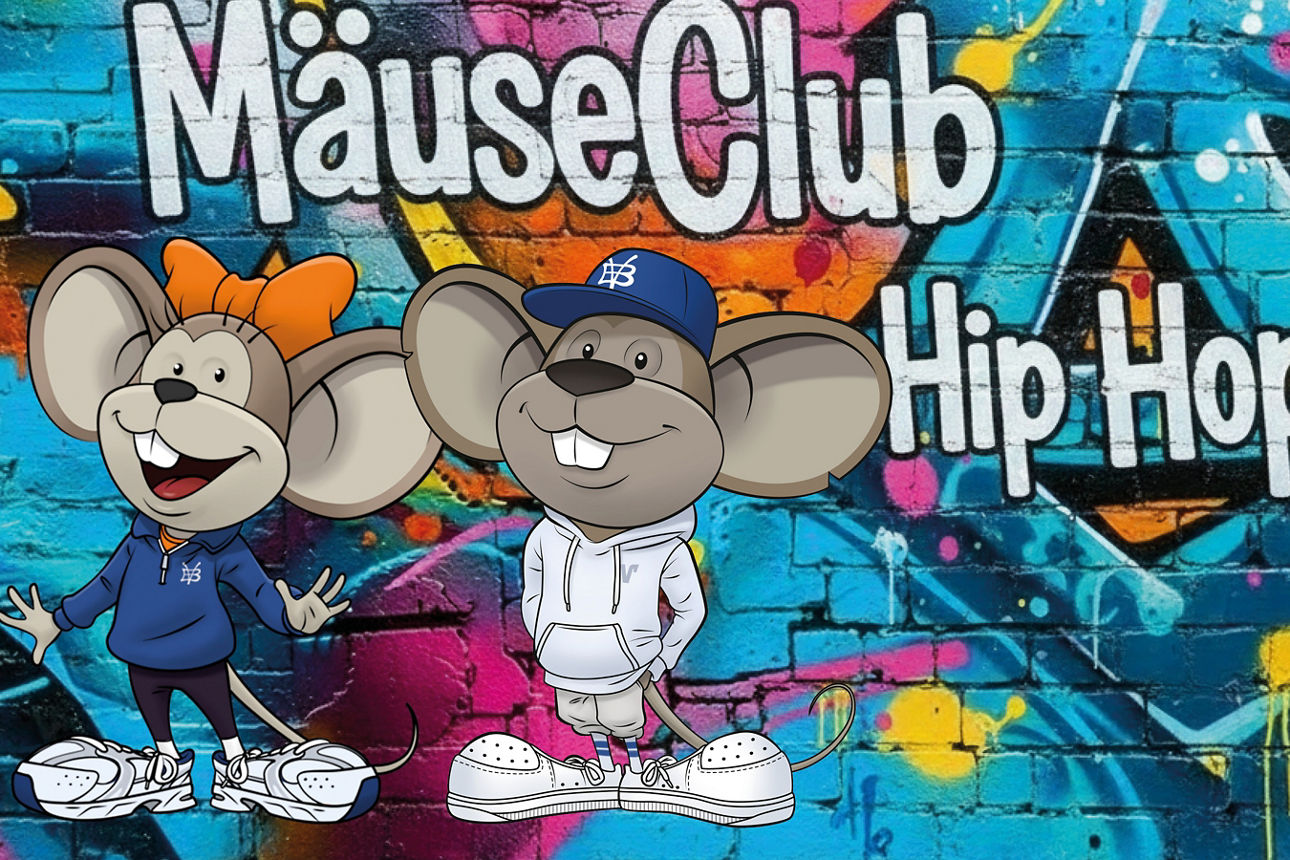 Hanni und Manni vor einer Graffiti-Wand mit dem Schriftzug "MäuseClub Hip-Hop"