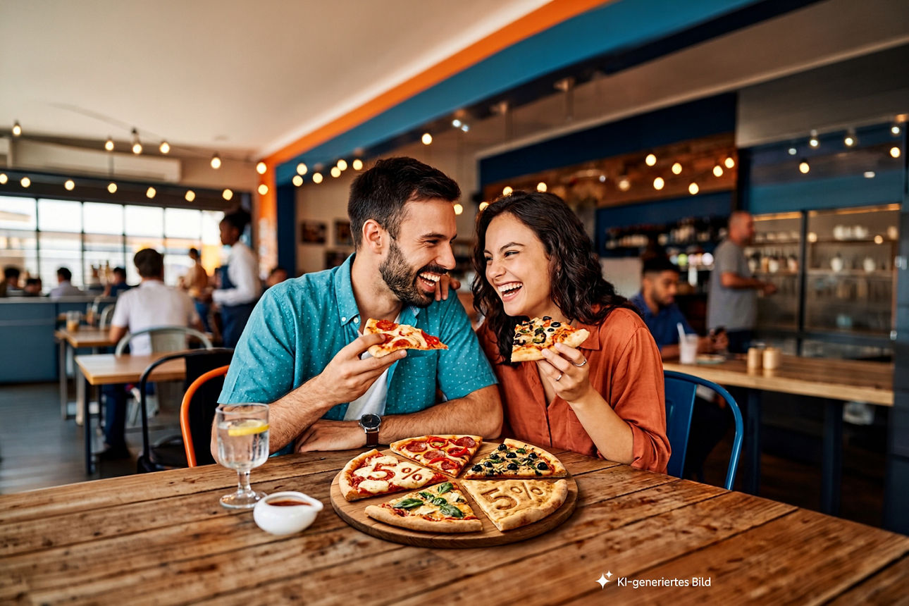 Mann und Frau sitzen am Tisch und essen Pizza