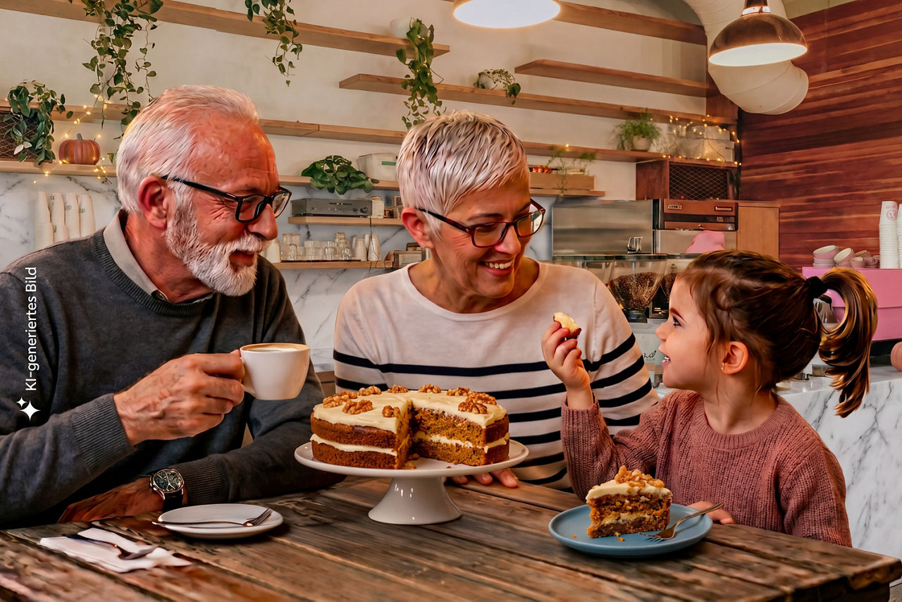Älteres Paar sitzt mit einem kleinen Kind am Tisch und isst Kuchen