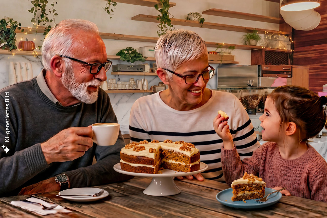 Älteres Paar sitzt mit einem kleinen Kind am Tisch und isst Kuchen