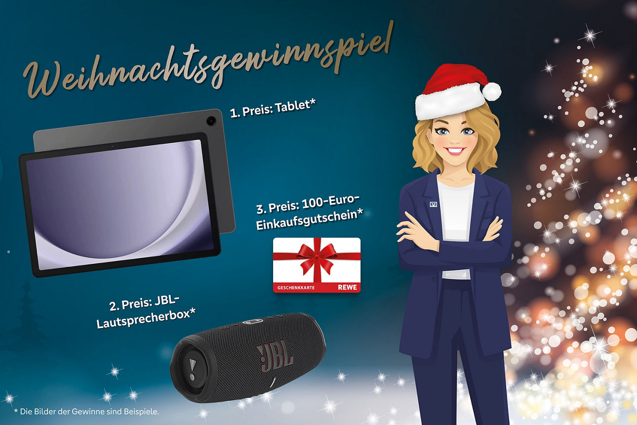 Der Chatbot präsentiert ein Weihnachtsgewinnspiel mit Tablet, JBL-Lautsprecher und REWE-Gutschein vor festlichem Hintergrund.
