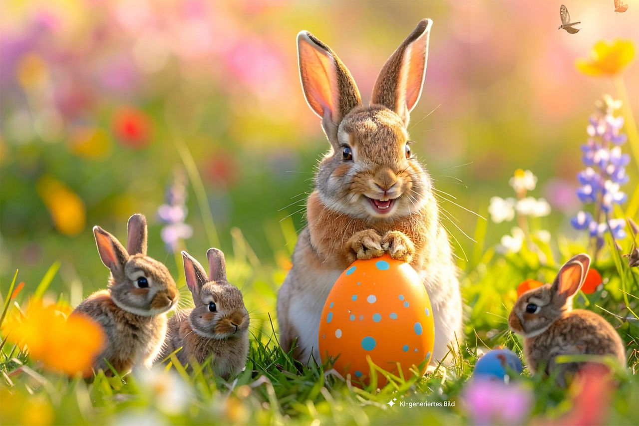 Hasen mit einem Osterei auf einer Wiese