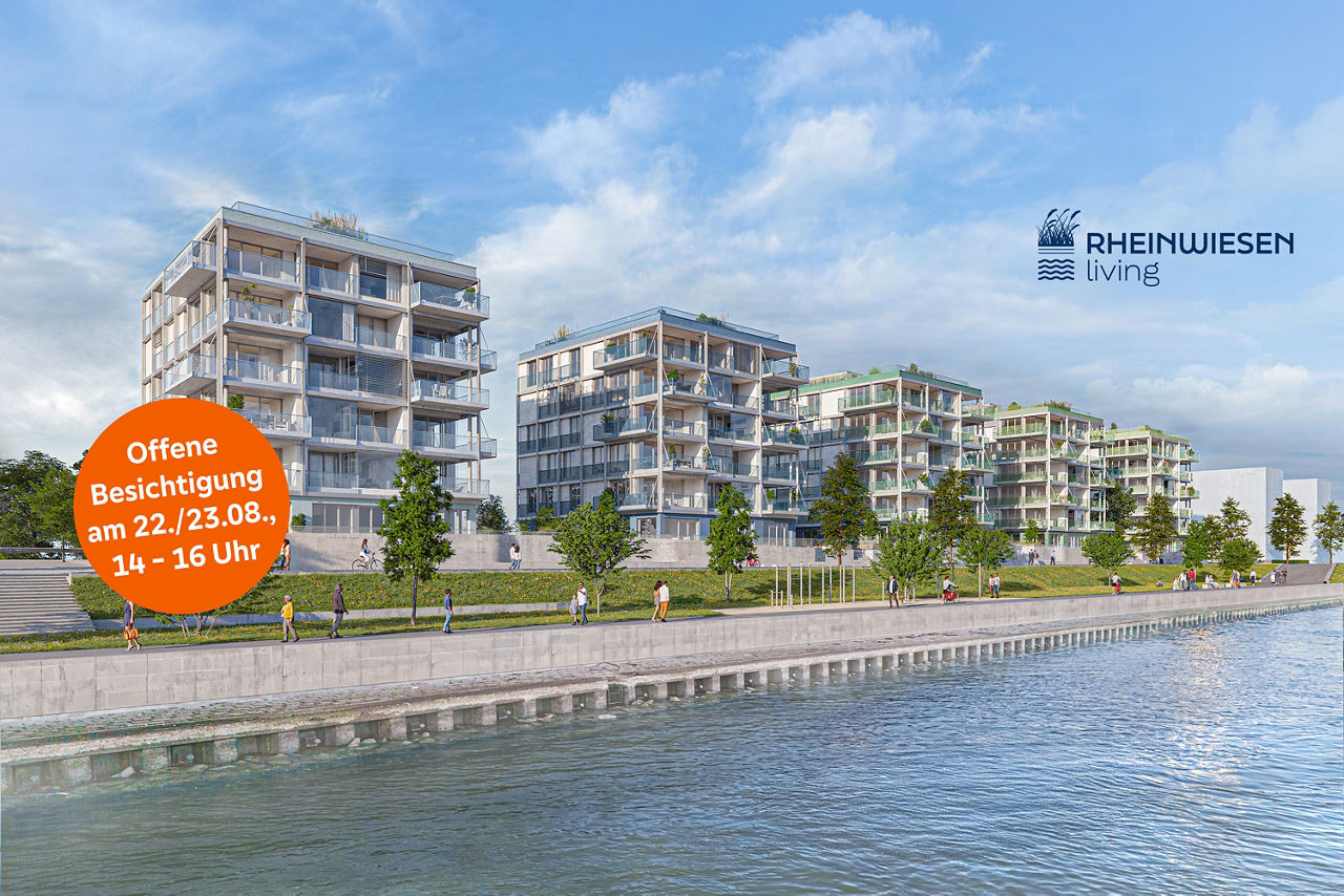 Wohnhäuser des Bauprojektes Rheinwiesen living mit dem Hinweis "Offene Besichtigung am 22./23.08. 14-16 Uhr"
