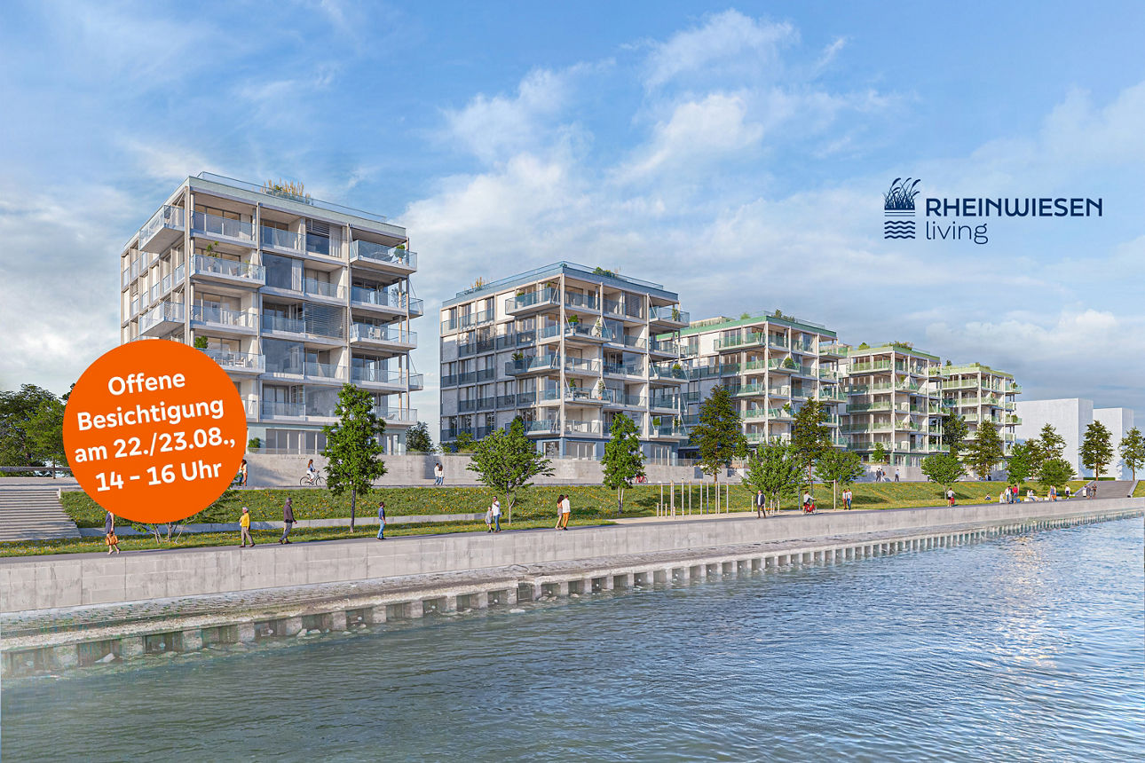 Wohnhäuser des Bauprojektes Rheinwiesen living mit dem Hinweis "Offene Besichtigung am 22./23.08. 14-16 Uhr"