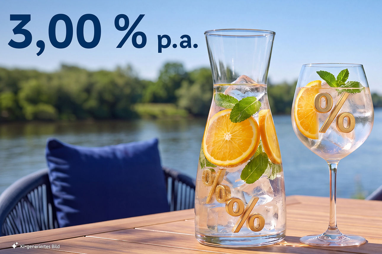 Karaffe und Glas sind mit Wasser, Orangen, Eiswürfeln und Prozentzeichen gefüllt. Im Hintergrund ist ein Fluss zu sehen. Text "3,00 % p. a.", KI-generiertes Bild