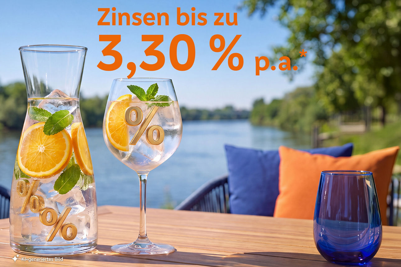 Karaffe und Glas sind mit Wasser, Orangen, Eiswürfeln und Prozentzeichen gefüllt. Im Hintergrund ist ein Fluss zu sehen. Text "Zinsen bis zu 3,30 % p. a.", KI-generiertes Bild