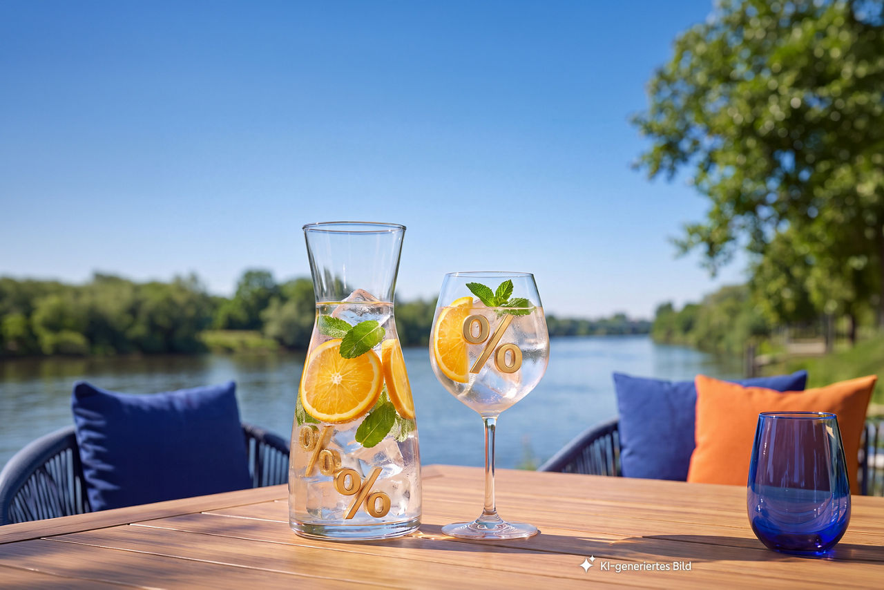 Karaffe und Glas sind mit Wasser, Orangen, Eiswürfeln und Prozentzeichen gefüllt. Im Hintergrund ist ein Fluss zu sehen, KI-generiertes Bild