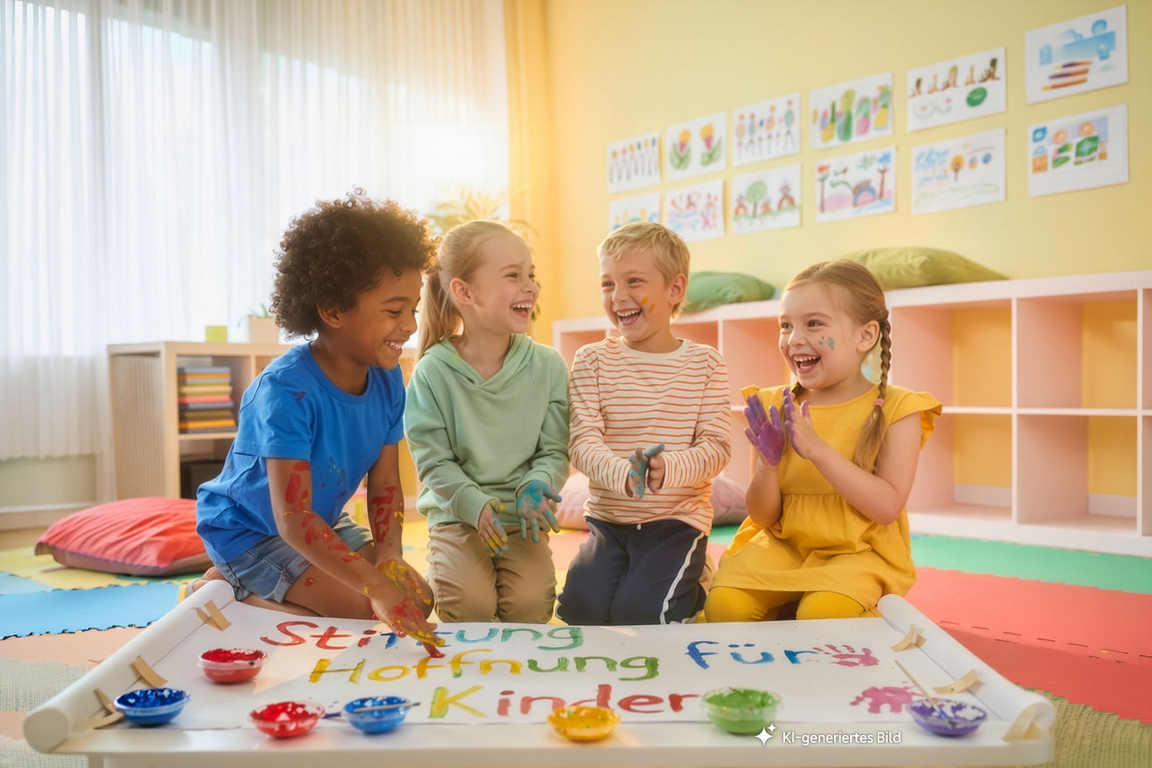 Kinder malen mit Fingerfarben den Schriftzug Stiftung Hoffnung für Kinder auf ein Plakat