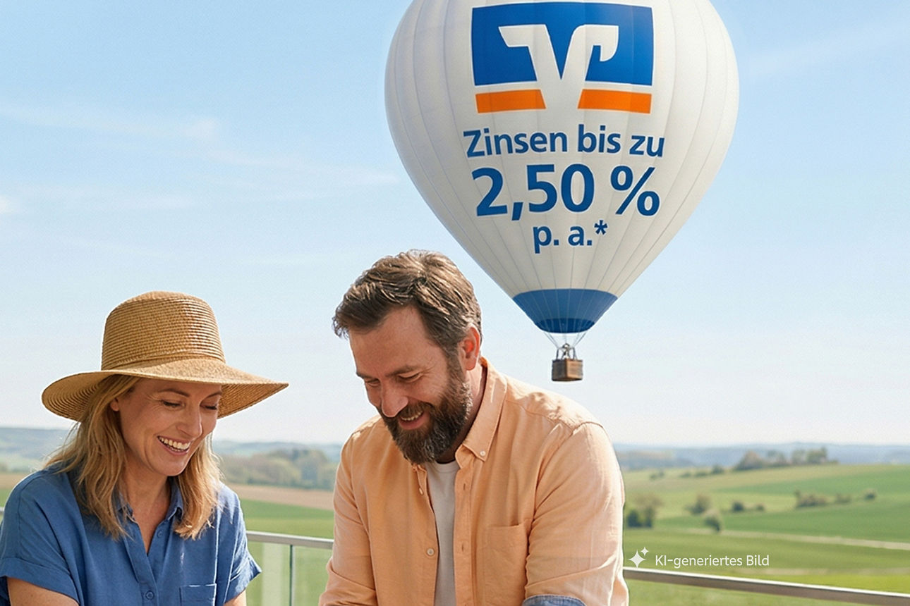 Mann und Frau stehen auf einem Balkon und pflanzen Blumen ein, im Hintergrund fliegt ein Heißluftballon mit der Aufschrift "Zinsen bis zu 2,50 % p. a.", KI-generiert