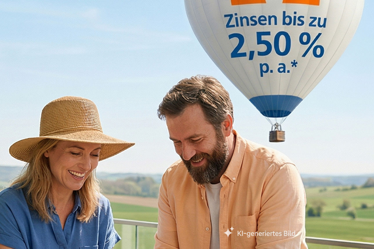 Mann und Frau stehen auf einem Balkon und pflanzen Blumen ein, im Hintergrund fliegt ein Heißluftballon mit der Aufschrift "Zinsen bis zu 2,50 % p. a. "
