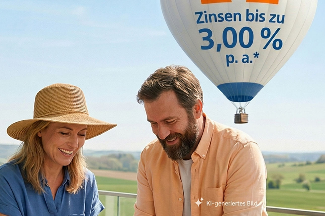 Mann und Frau stehen auf einem Balkon und pflanzen Blumen ein, im Hintergrund fliegt ein Heißluftballon mit der Aufschrift "Zinsen bis zu 3,00 % p. a. "