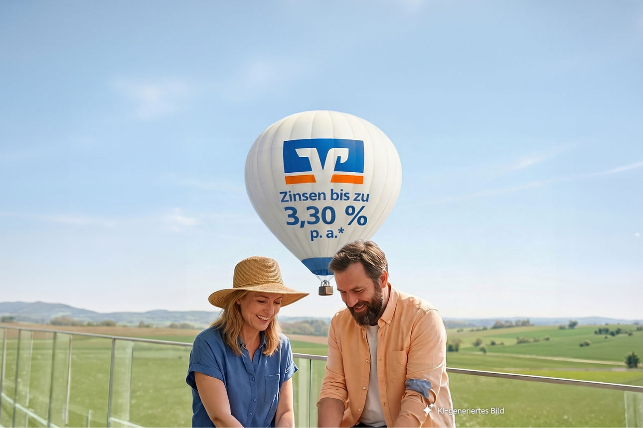 Mann und Frau stehen auf einem Balkon und pflanzen Blumen ein, im Hintergrund fliegt ein Heißluftballon mit der Aufschrift "Zinsen bis zu 3,30 % p. a. ", KI-generiert