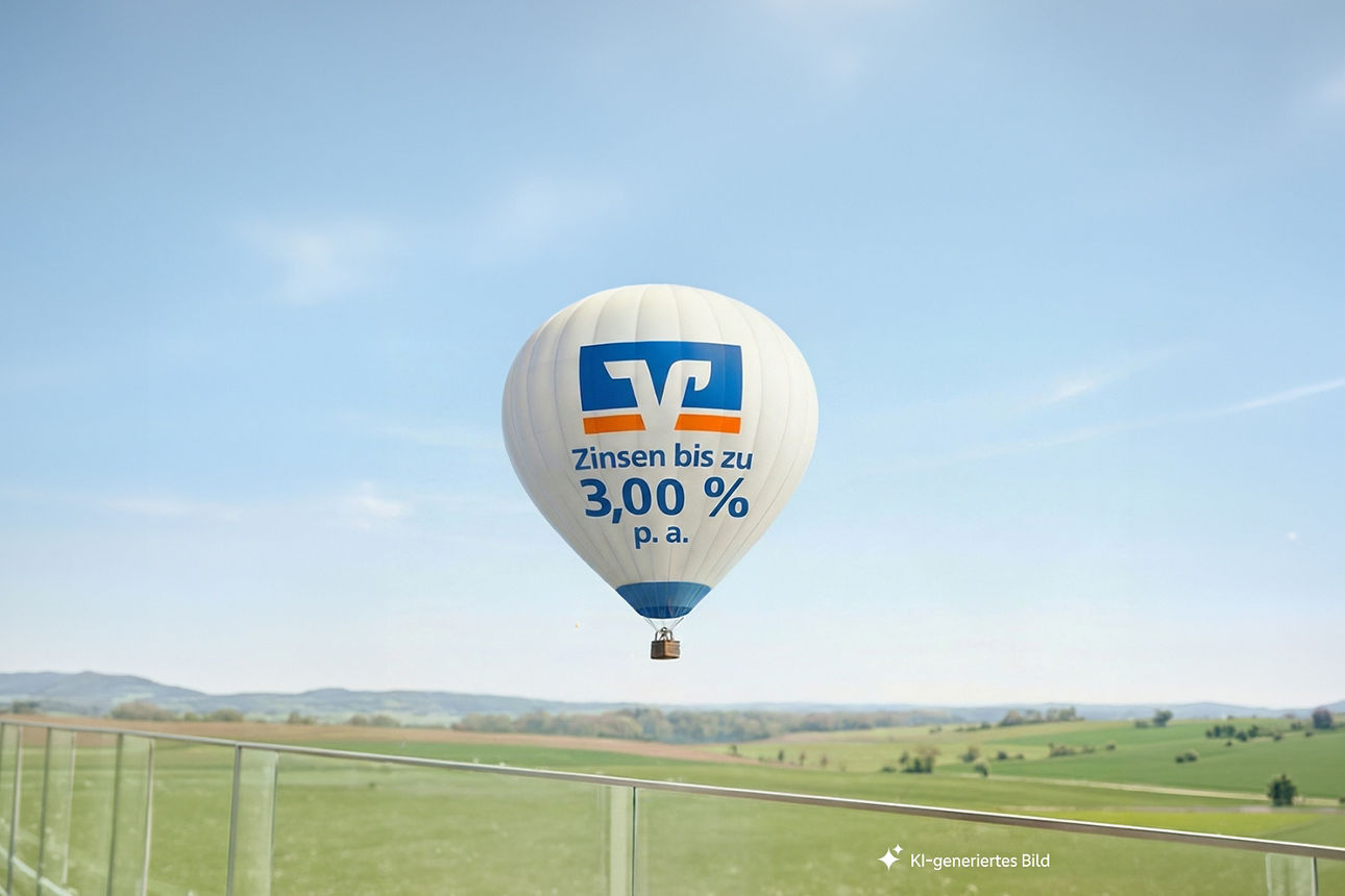 Heißluftballon mit der Aufschrift "Zinsen bis zu 3,00 % p. a."