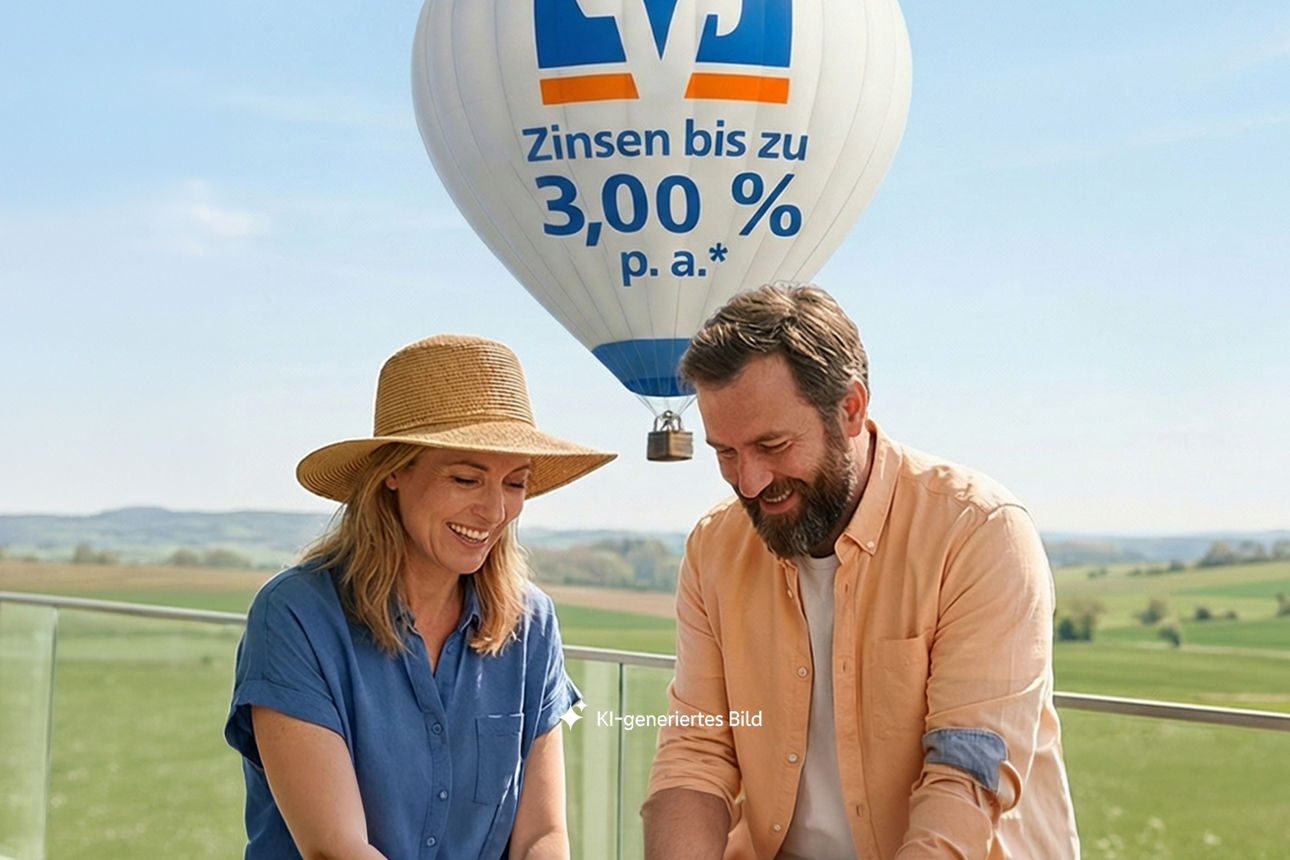 Mann und Frau stehen auf einem Balkon und pflanzen Blumen ein, im Hintergrund fliegt ein Heißluftballon mit der Aufschrift "Zinsen bis zu 3,00 % p. a. "