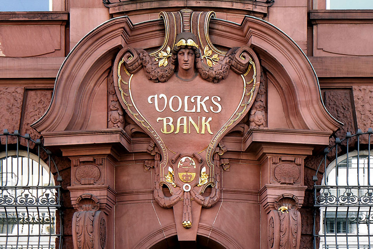 Portaleingang der Volksbank Darmstadt Mainz eG in der Hügelstraße in Darmstadt