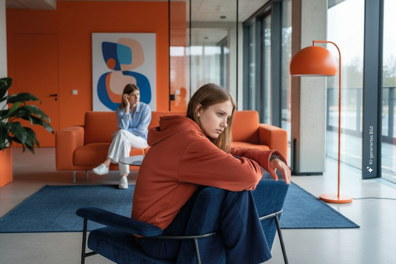 Mutter und Tochter sitzen sich schweigend in einem Wohnzimmer gegenüber, KI-generiert