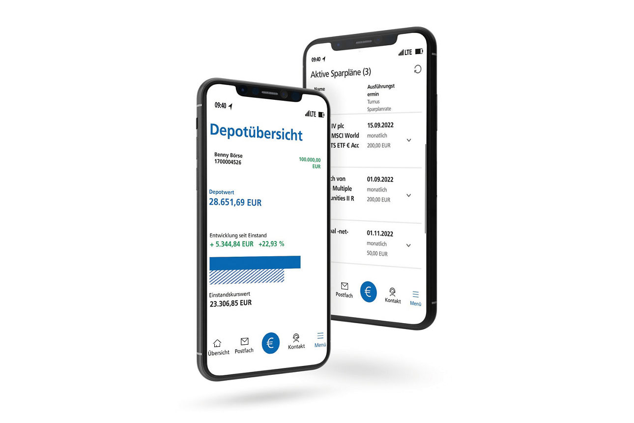 Zwei Smartphones, die eine Depotübersicht in der VR Banking App darstellen