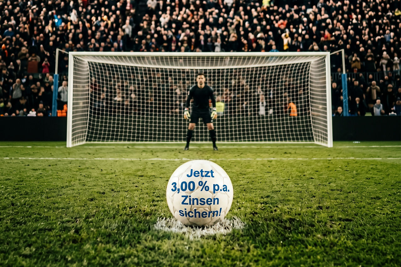 Fußball liegt bereit zum Elfmeter. Torwart steht im Tor. Auf dem Fußball steht Jetzt 3.00 % p.a. Zinsen sichern!