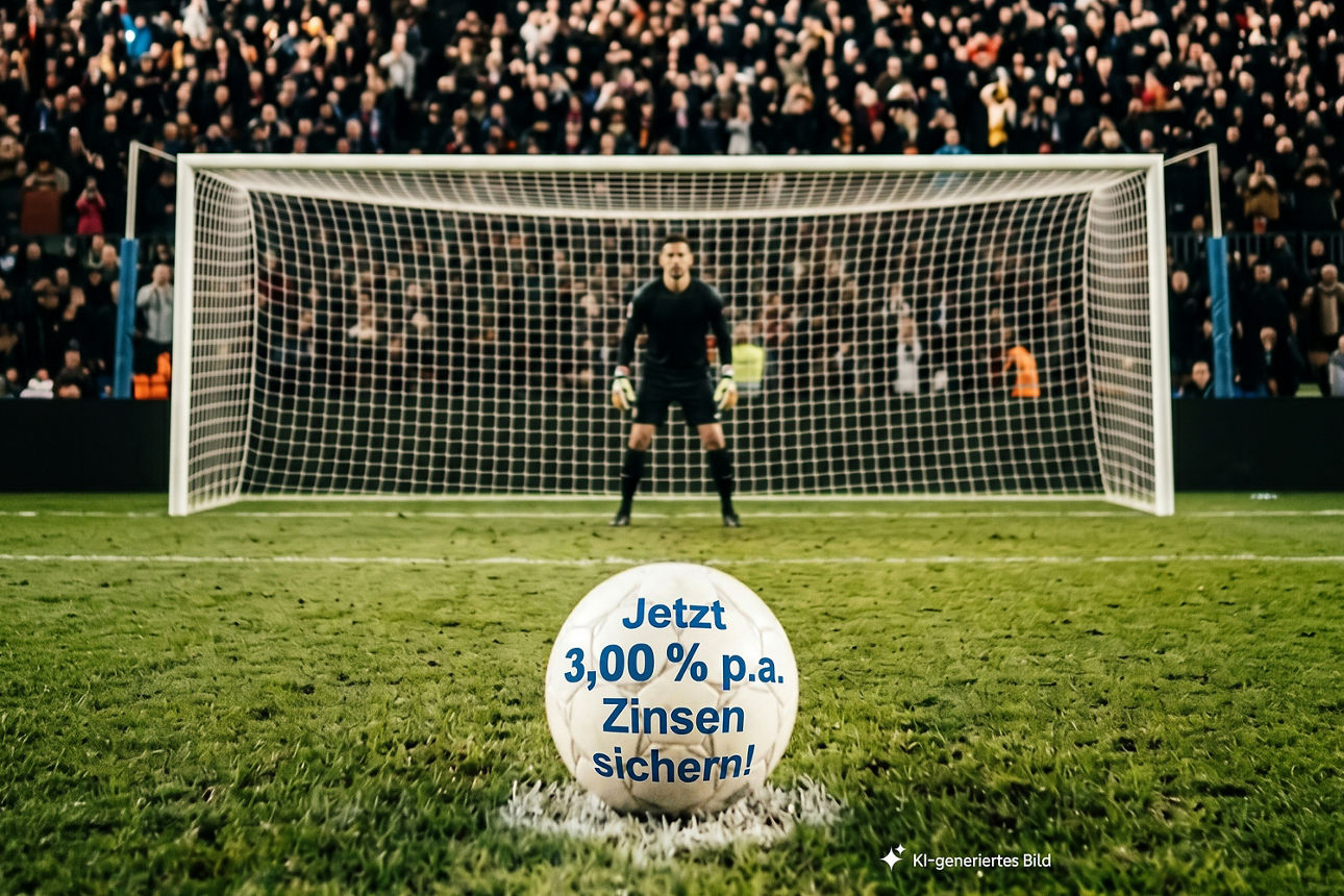 Fußball liegt bereit zum Elfmeter. Torwart steht im Tor. Auf dem Fußball steht Jetzt 3.00 % p.a. Zinsen sichern!