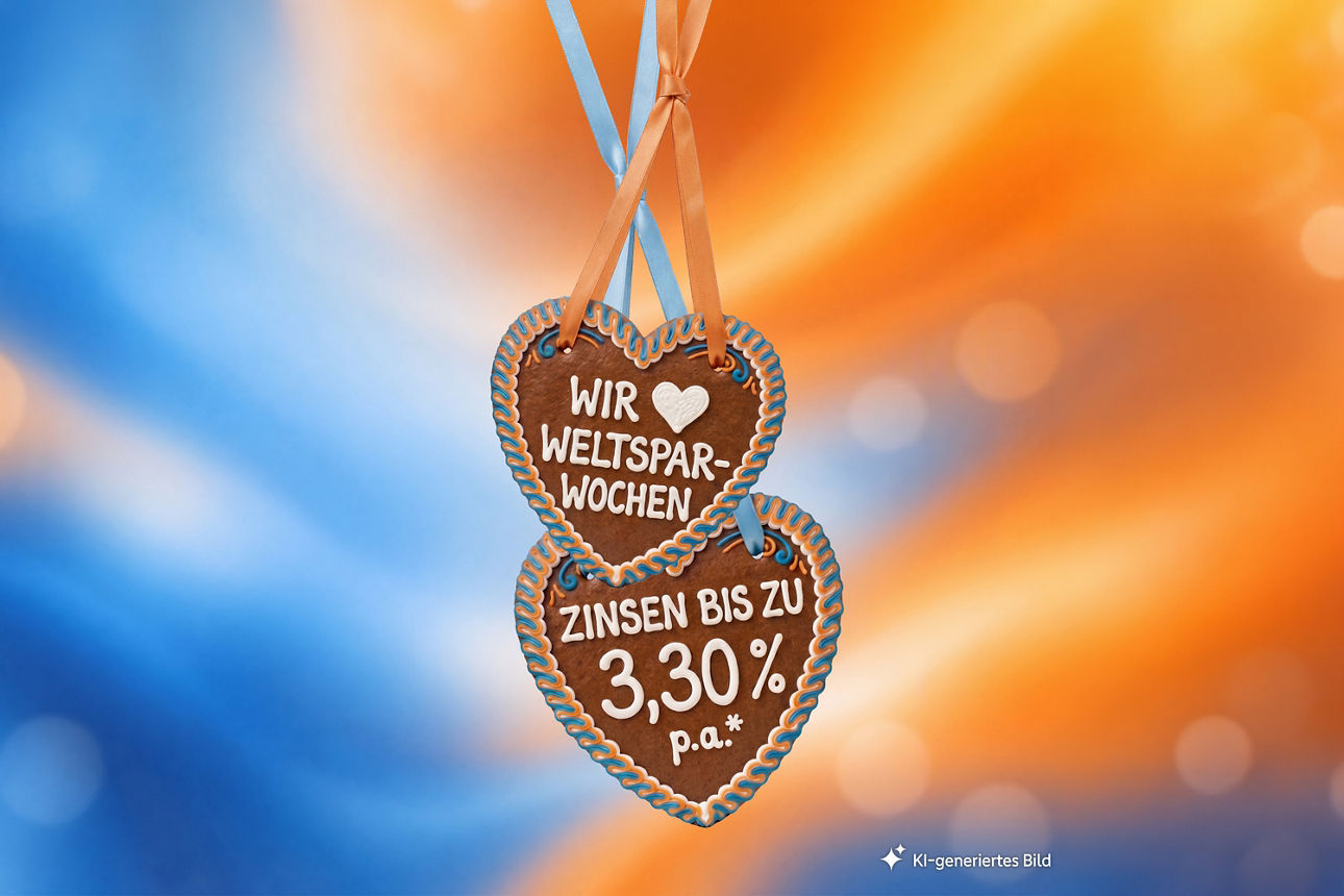 2 Lebkuchenherzen mit Text "Wir lieben Weltsparwochen. Zinsen bis zu 3,30 % p.a.*"