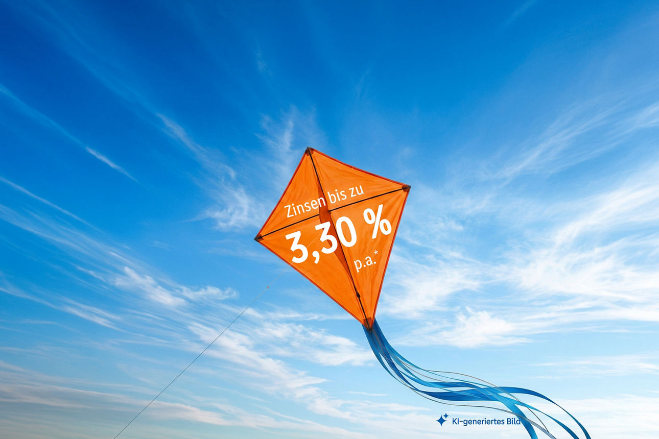 Drachen fliegt am Himmel, Text "Zinsen bis zu 3,30 % p.a.*", KI-generiertes Bild