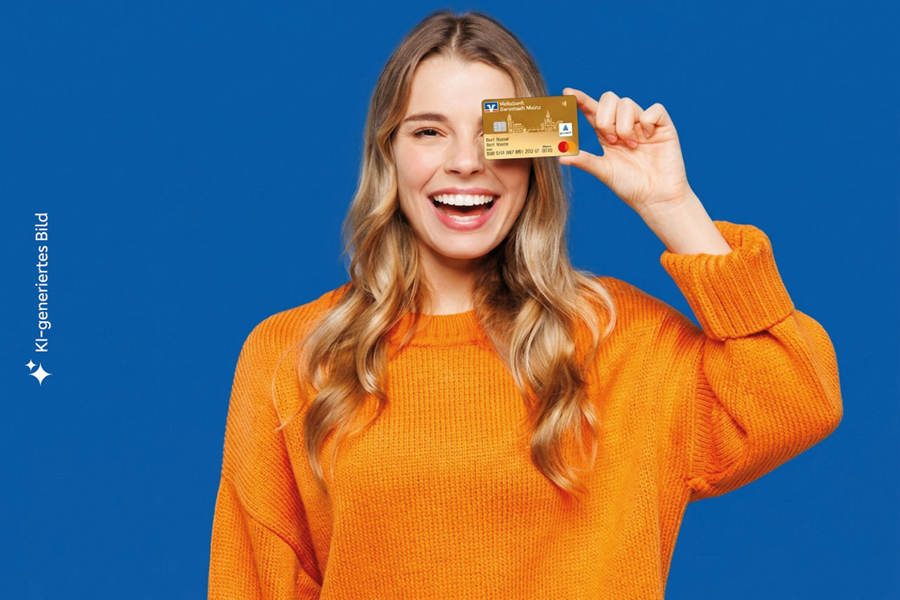 Glückliche Frau vor einer blauen Wand hält die girocard der Volksbank Darmstadt Mainz eG in der Hand