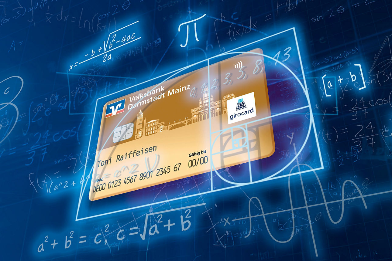 girocard der Volksbank umgeben von mathematischen Gleichungen, Symbolen und Graphen