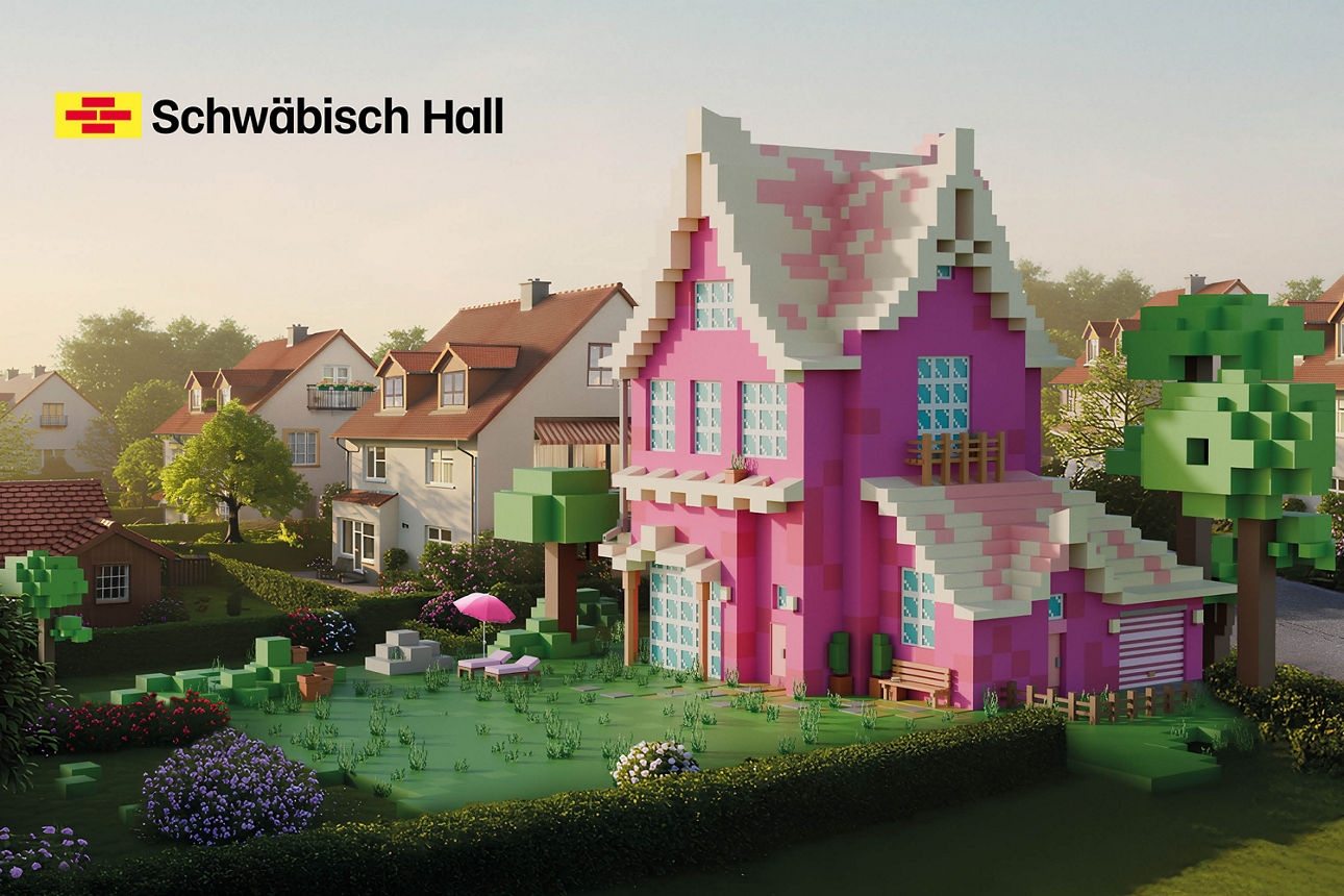 Ein rosa-weißes Haus mit Garten und ein Schwäbisch-Hall-Fuchs gezeichnet wie aus Bausteinen in einer realen Wohnsiedlung