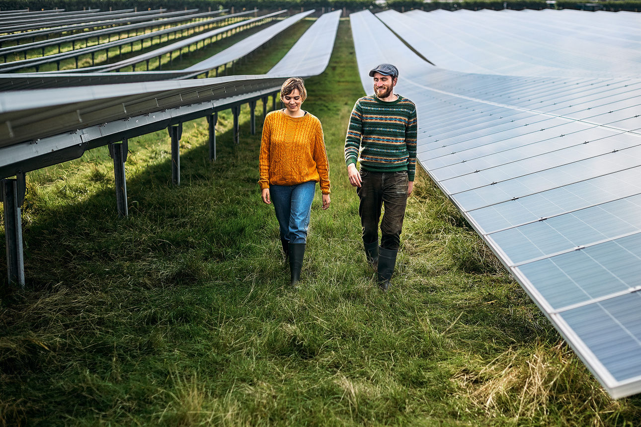 Solarpanels, Windräder auf einem Feld und Hände, die eine Erde über Wasser halten – Symbole für erneuerbare Energien.